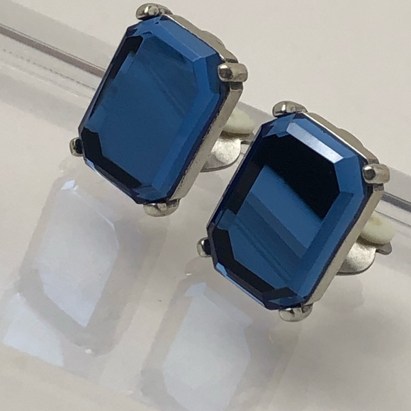 VTG EMERALD CUT BLUE MIRROR GLASS EARRINGS - Picture 10 of 13